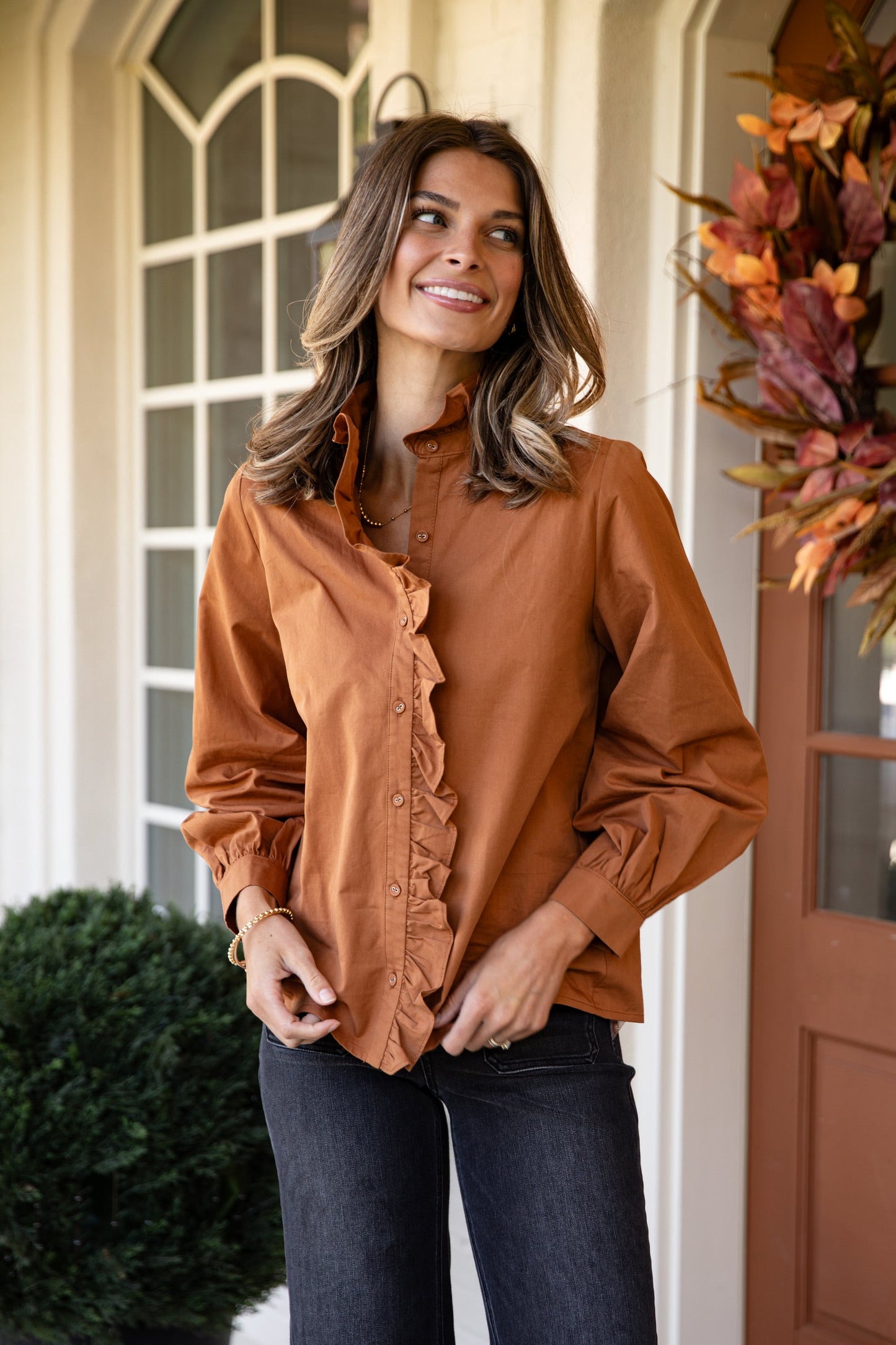 Marvelous Darling Camel Ruffle Blouse