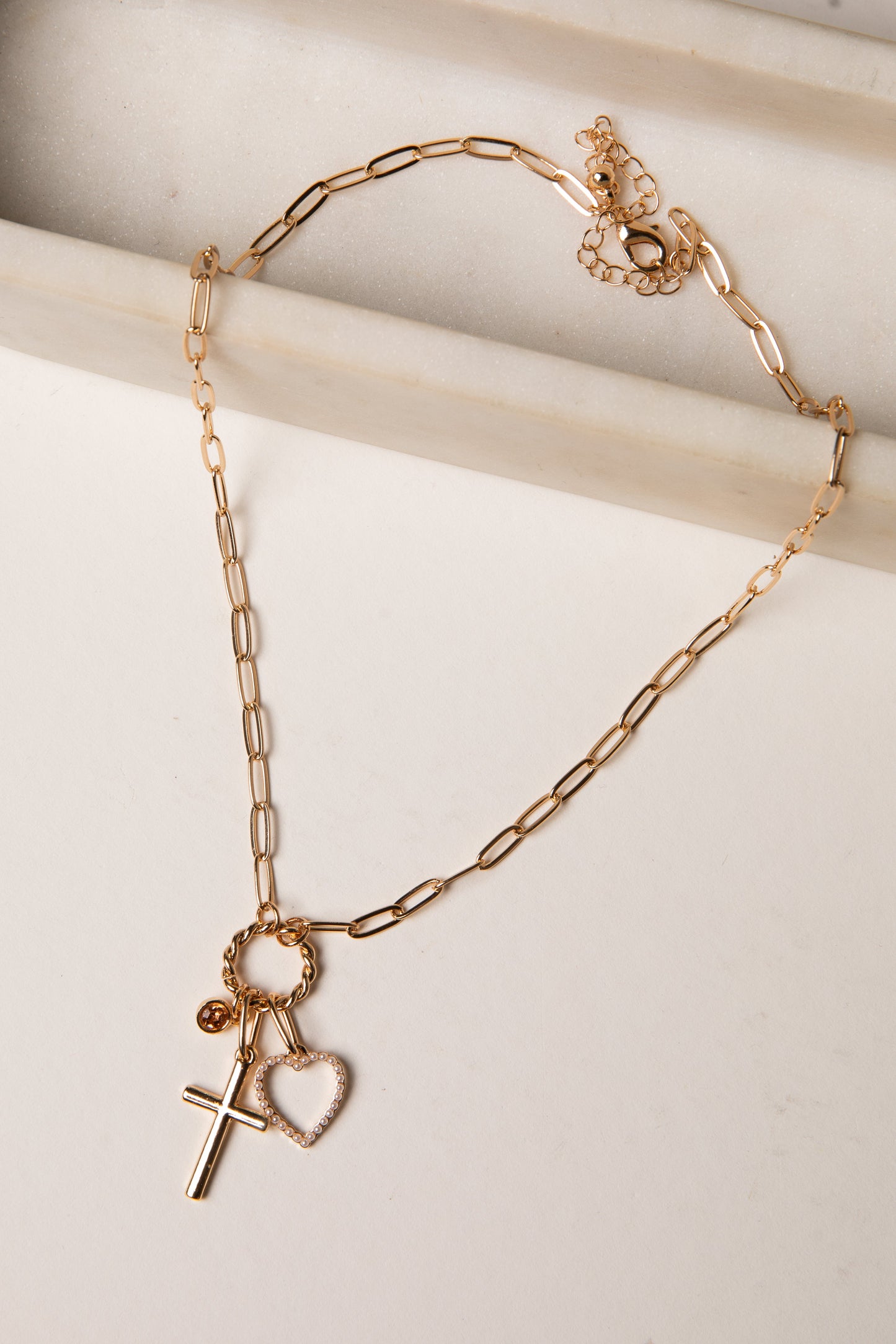 Avery Gold Cross + Heart Charm Necklace