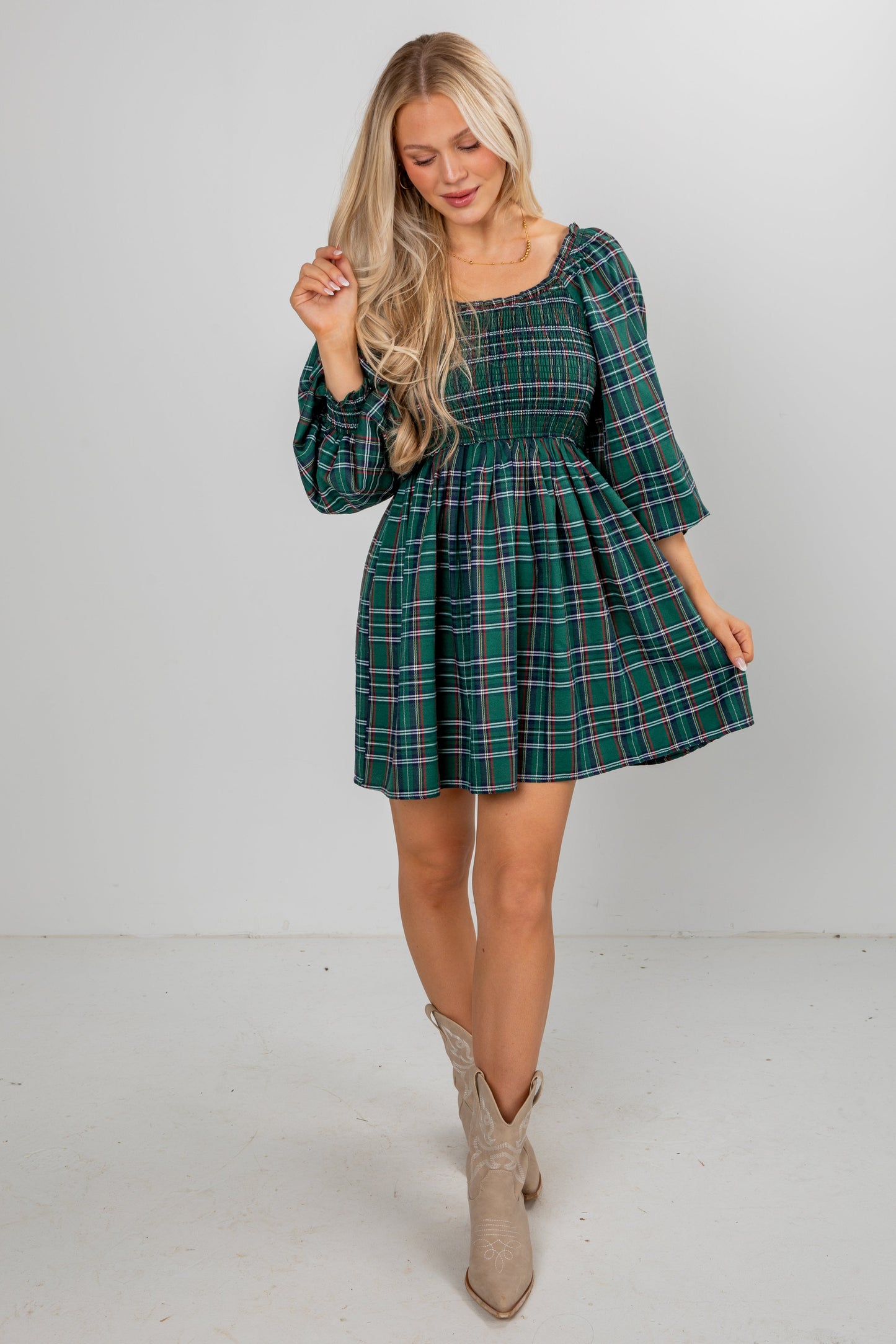 All The Gifts Green Plaid Mini Dress