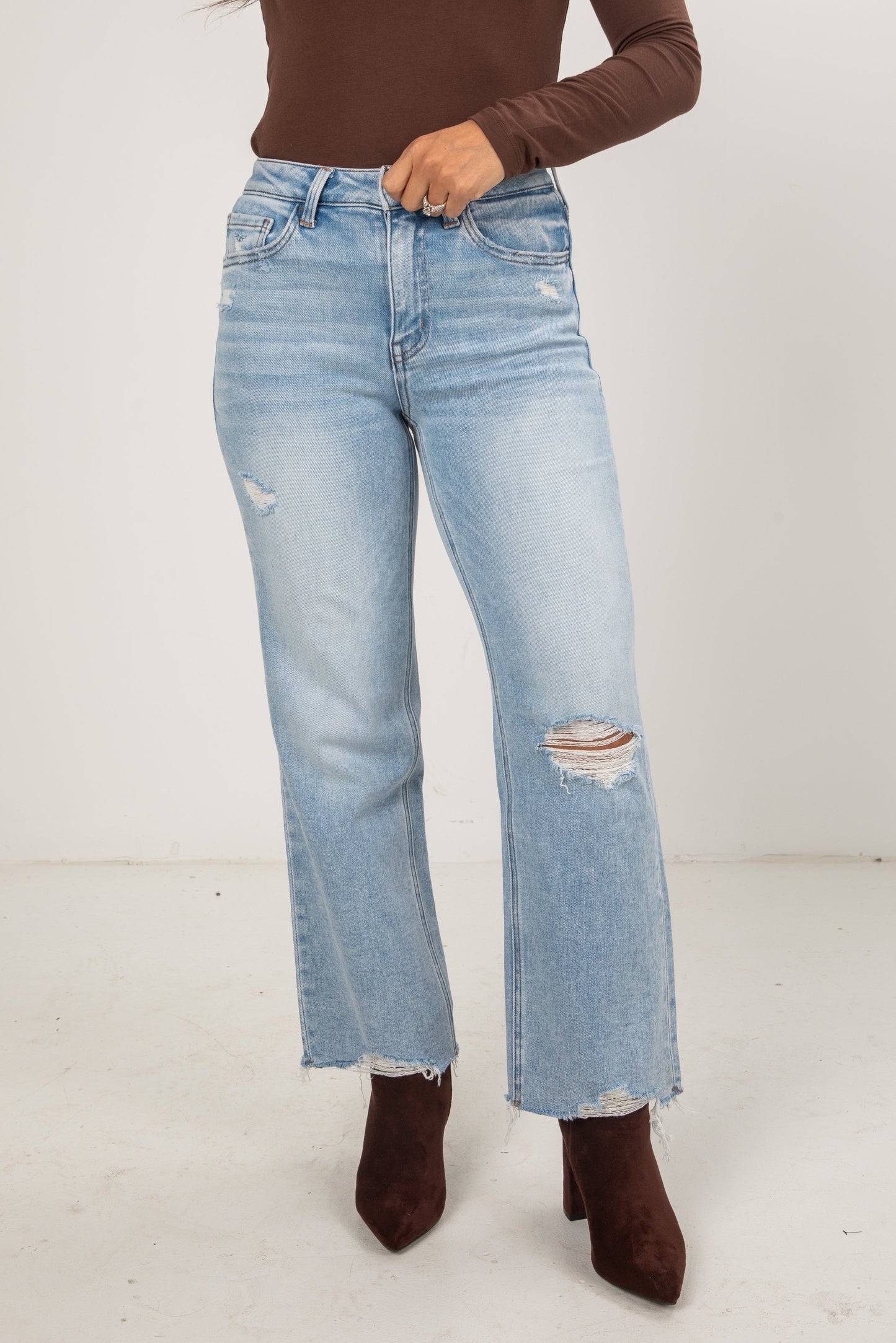 Elise Light Wash High-Rise Distressed Slim Wide Leg Jeans