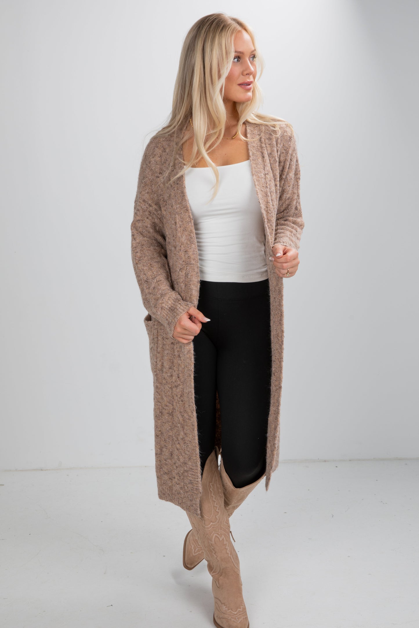 Frosty Day Mocha Cable Knit Longline Cardigan