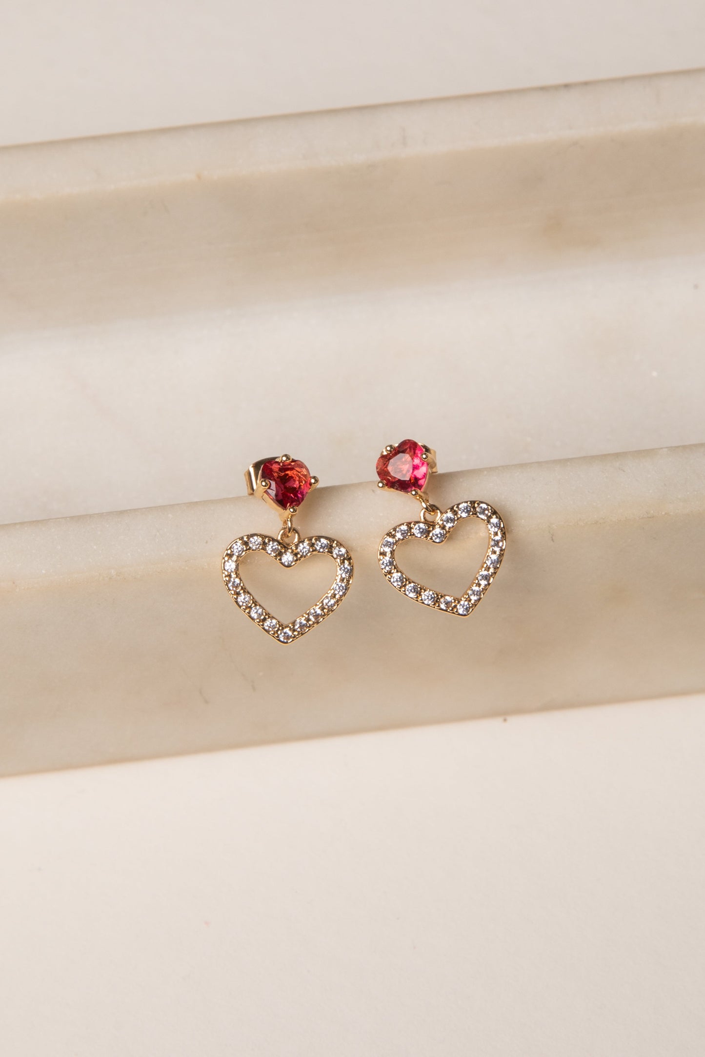 Sadie Red Rhinestone Heart Drop Earrings