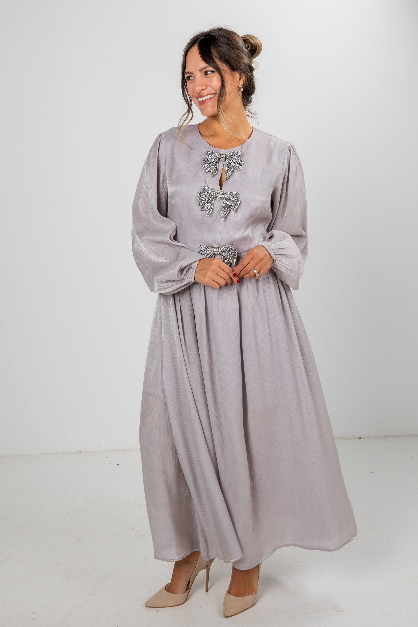 Radiant Occasion Silver Rhinestone Bow Maxi Dress