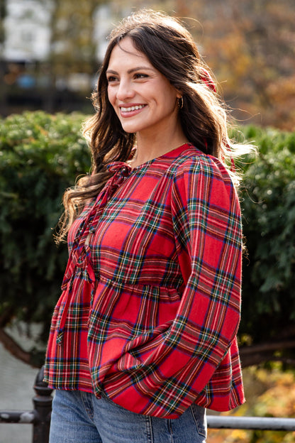 Holiday Classic Red Plaid Tie Blouse