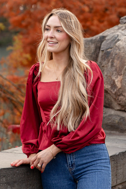 Graceful Presence Burgundy Satin Peplum Blouse
