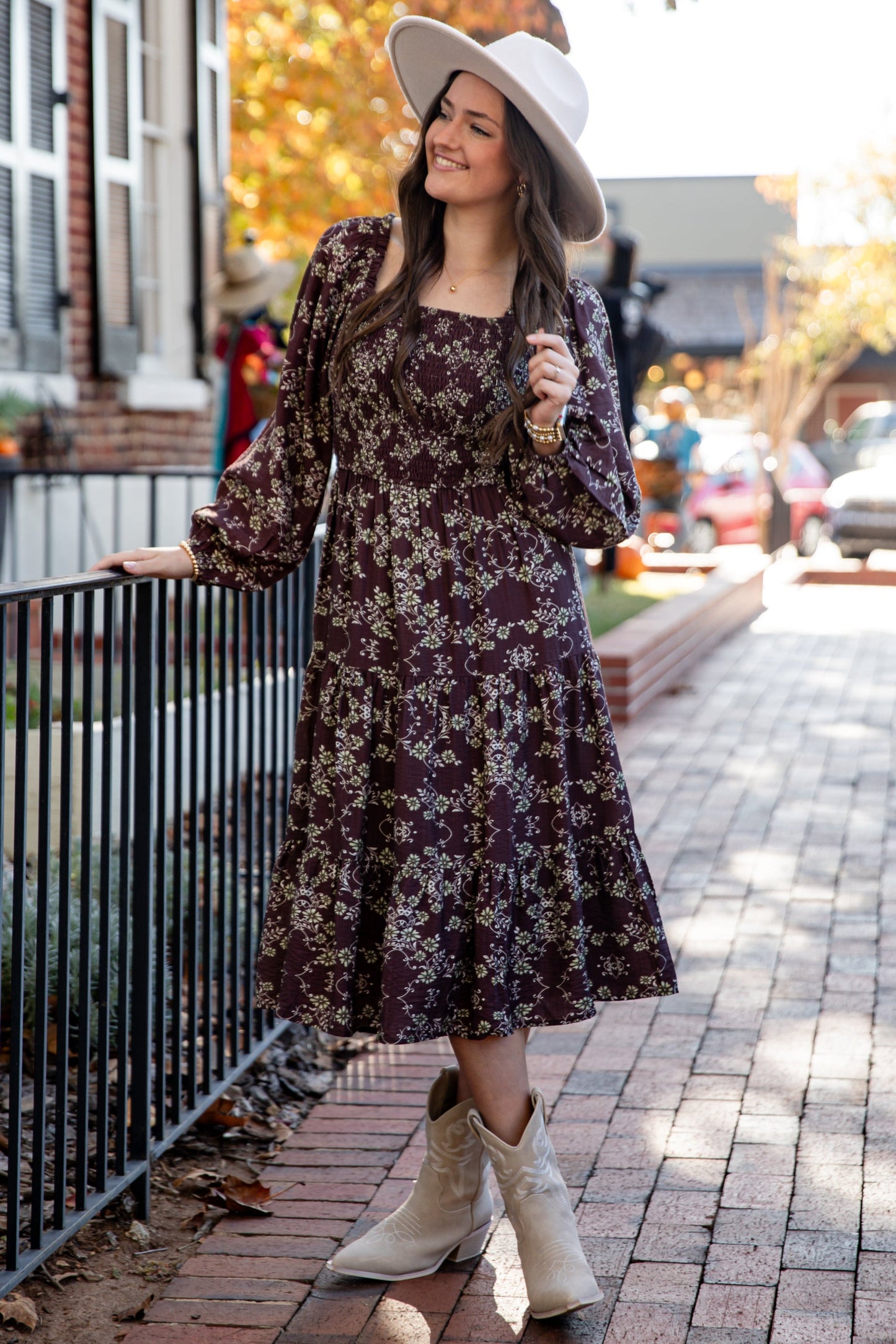 Feeling Inspired Brown Floral Smocked Midi Dress
