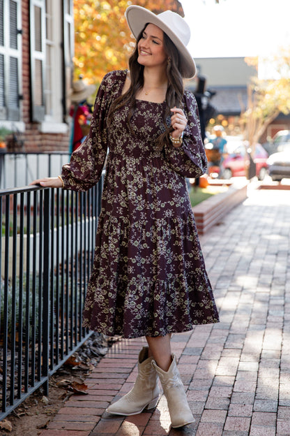 Feeling Inspired Brown Floral Smocked Midi Dress