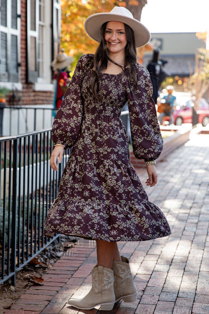 Feeling Inspired Brown Floral Smocked Midi Dress