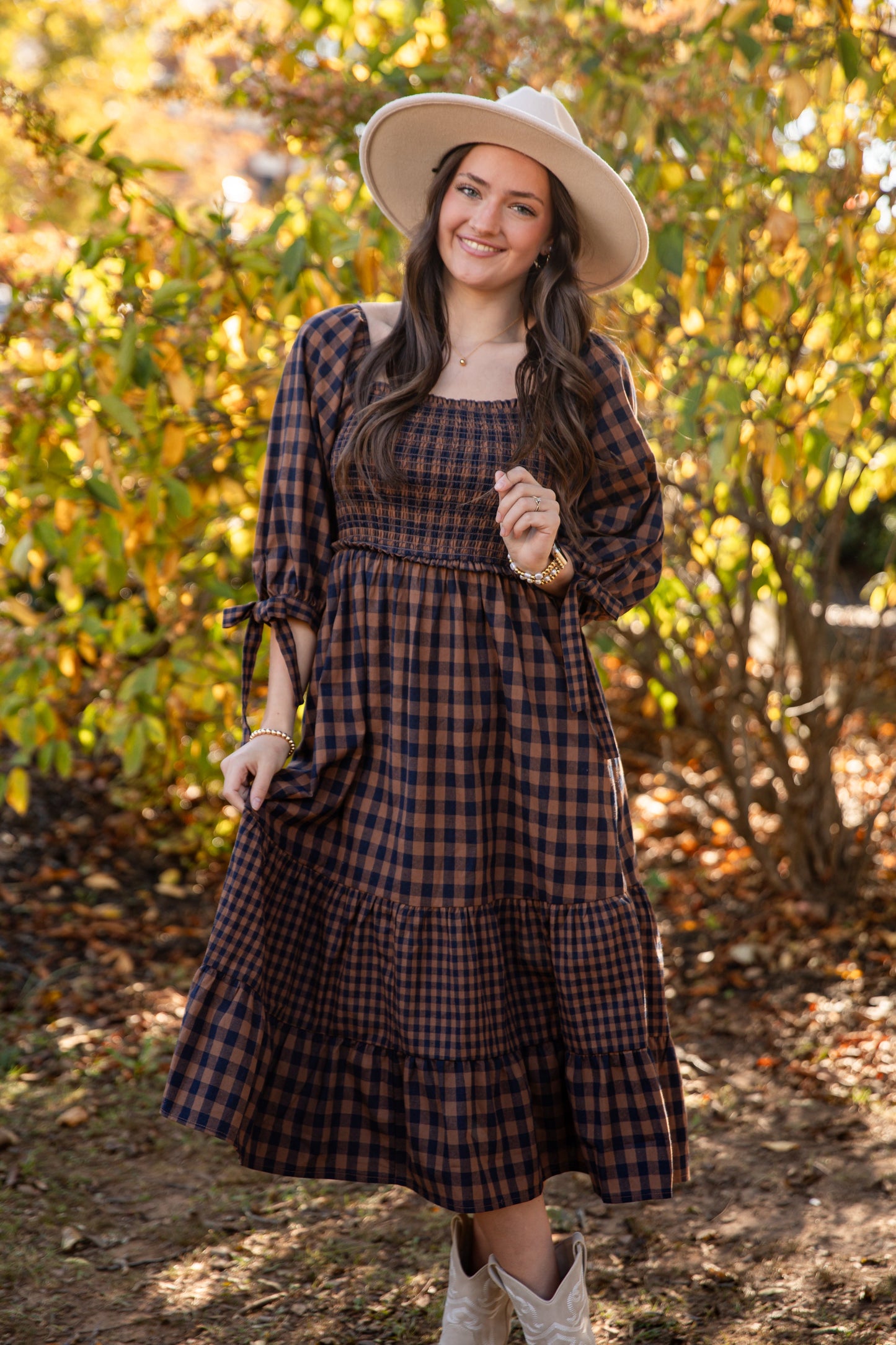 Show Me The Way Navy Gingham Smocked Midi Dress