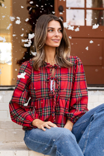 Holiday Classic Red Plaid Tie Blouse