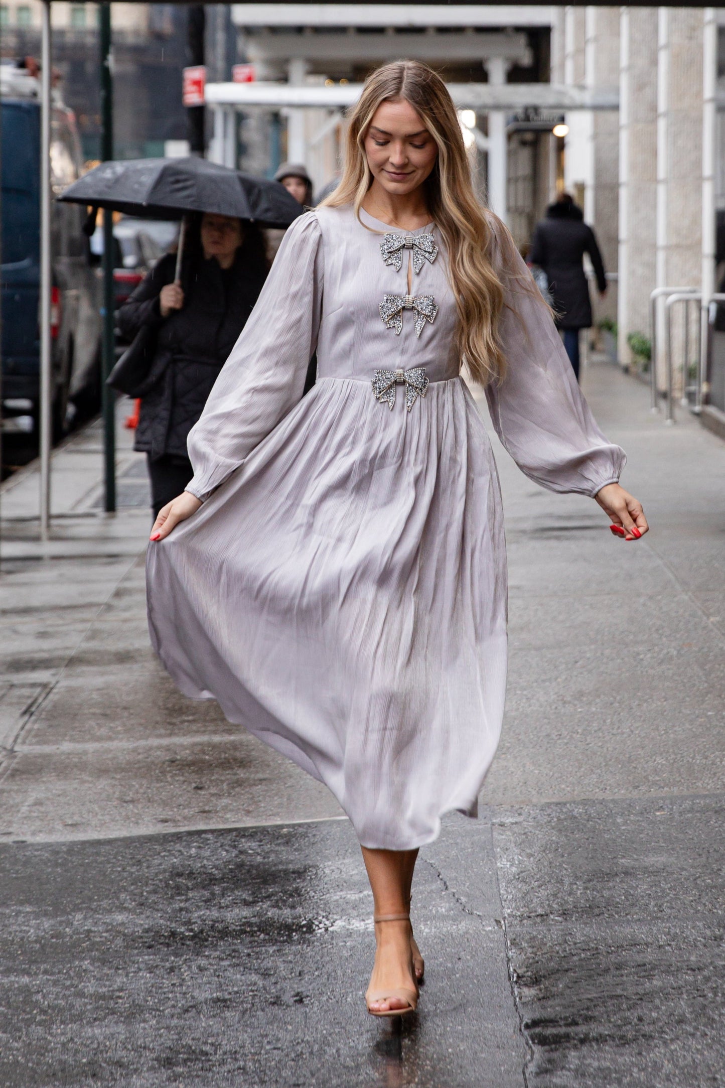 Radiant Occasion Silver Rhinestone Bow Maxi Dress