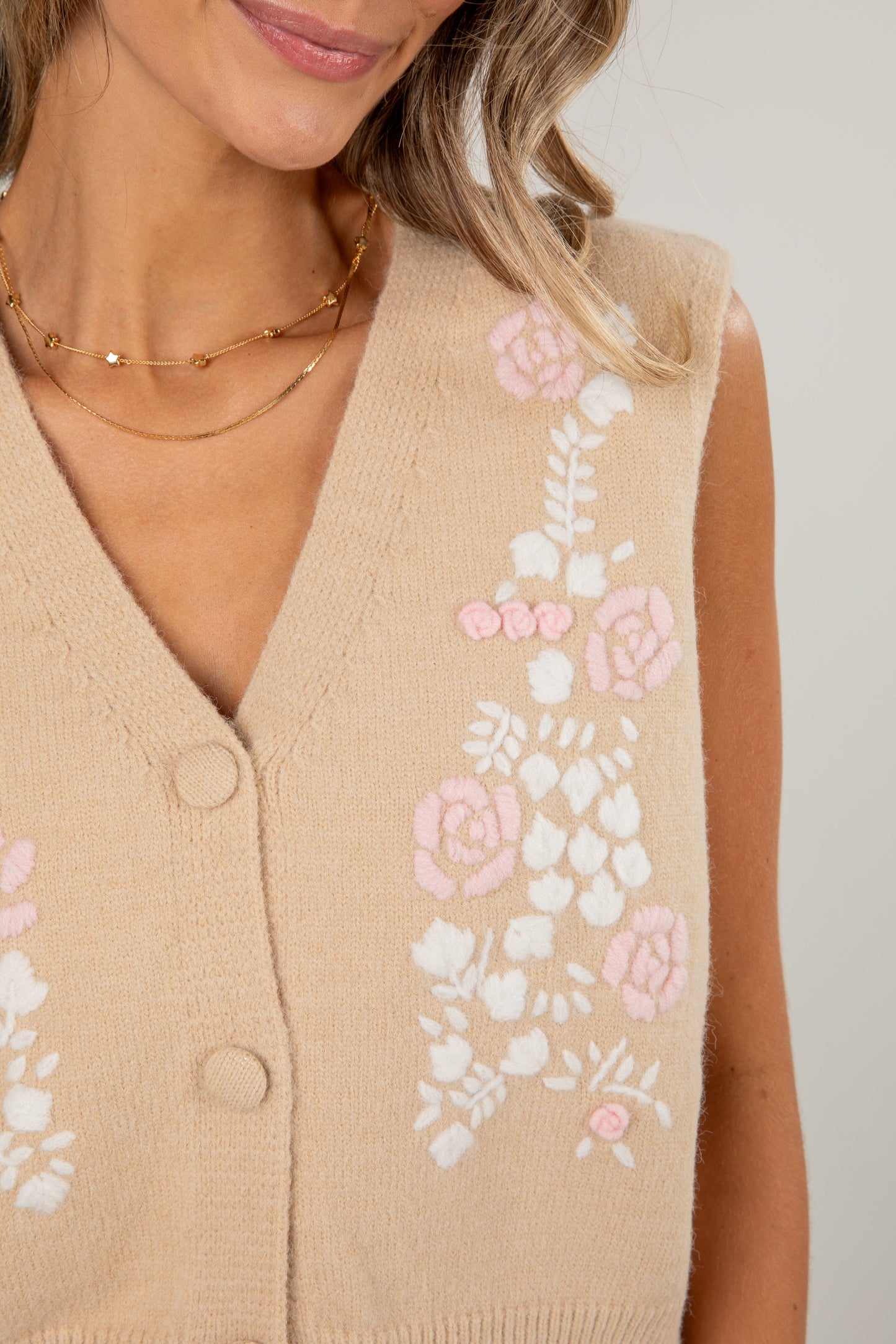 Just A Wish Beige Floral Sweater Vest