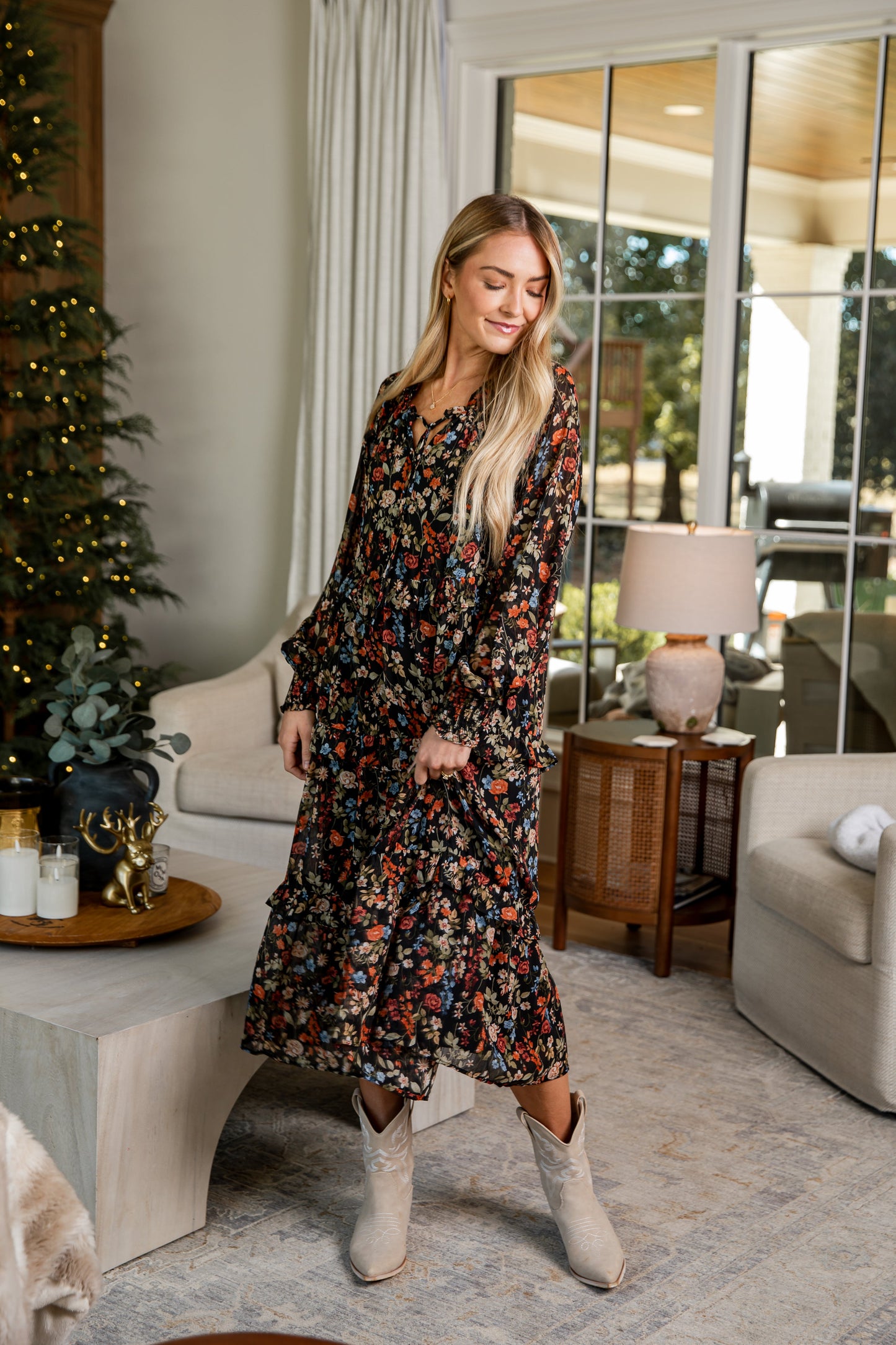 Cheers to You Black Floral Midi Dress