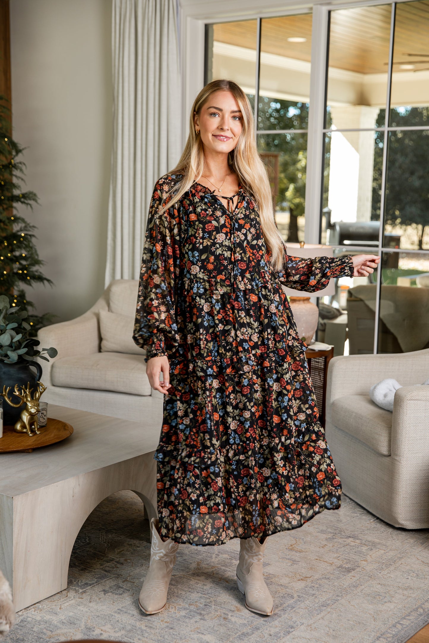 Cheers to You Black Floral Midi Dress