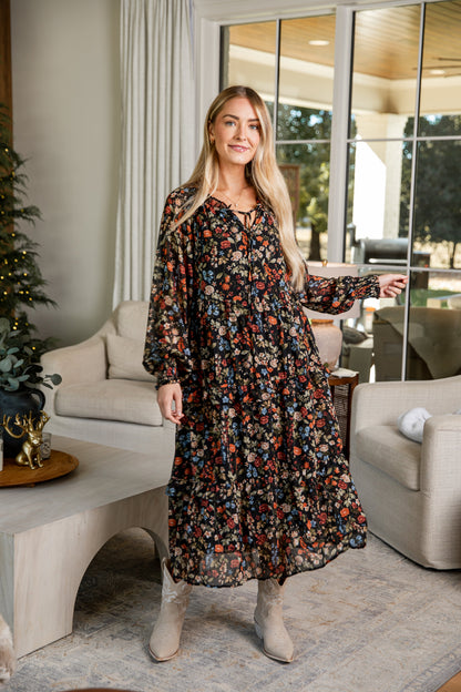 Cheers to You Black Floral Midi Dress