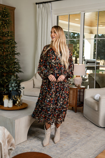 Cheers to You Black Floral Midi Dress