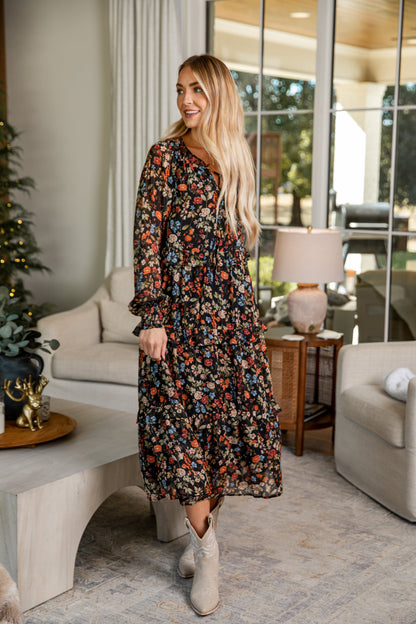 Cheers to You Black Floral Midi Dress