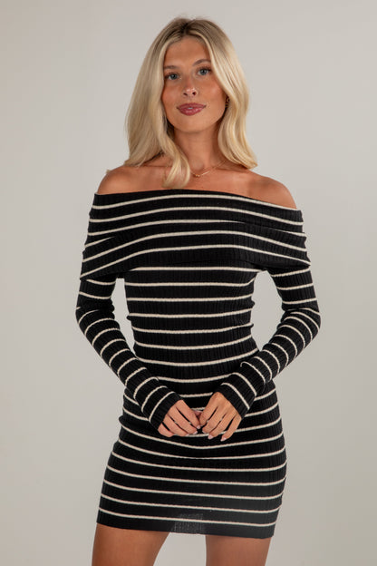 Perfectly Classic Black Striped Off-The-Shoulder Knit Mini Dress