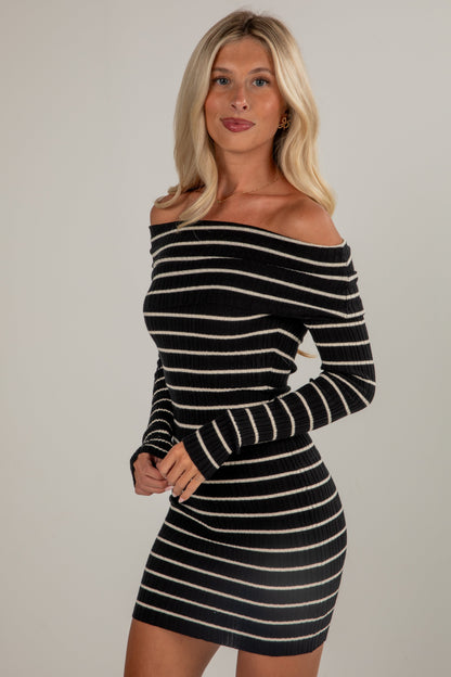Perfectly Classic Black Striped Off-The-Shoulder Knit Mini Dress