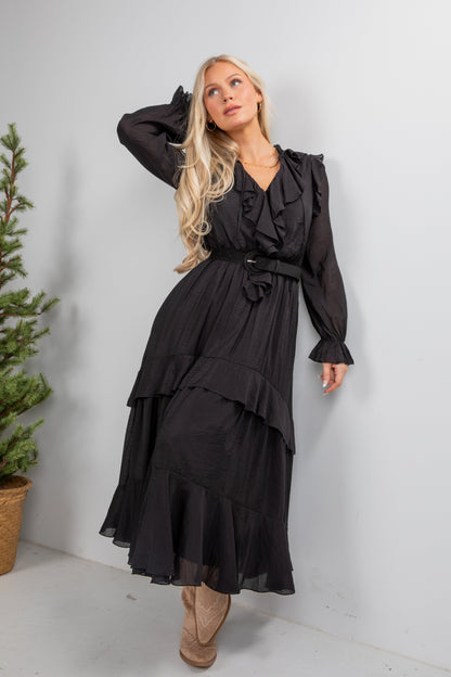 All The Good Black Ruffle Maxi Dress