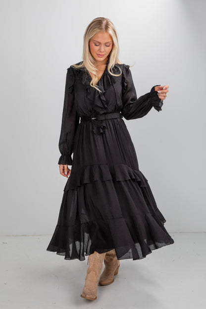 All The Good Black Ruffle Maxi Dress