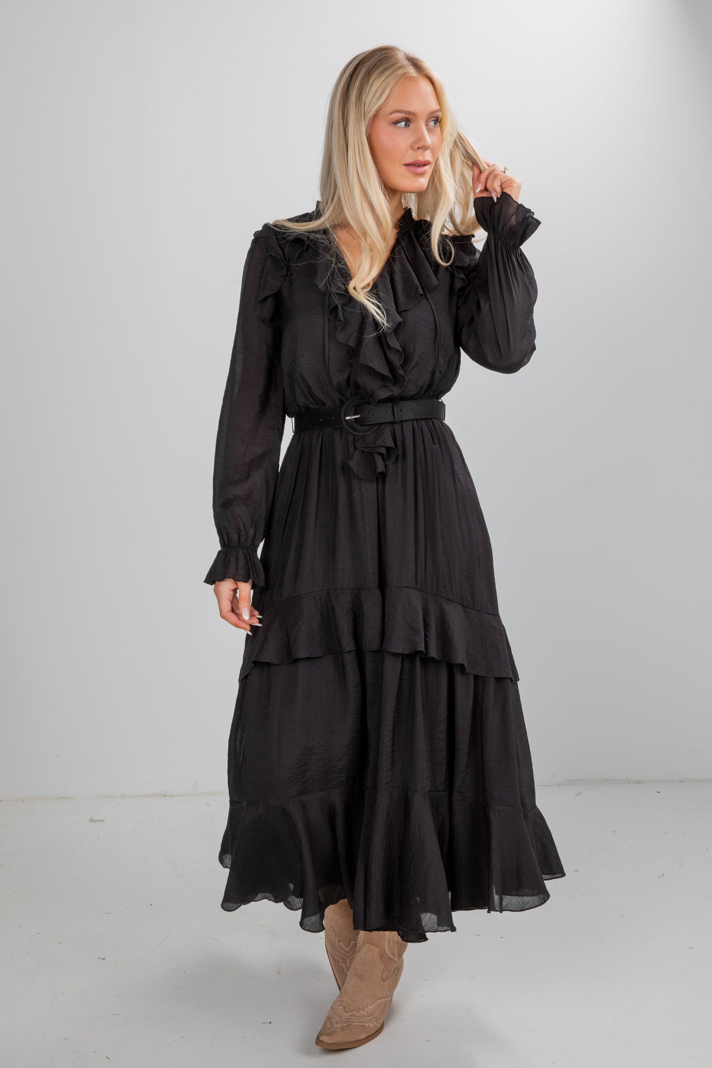All The Good Black Ruffle Maxi Dress