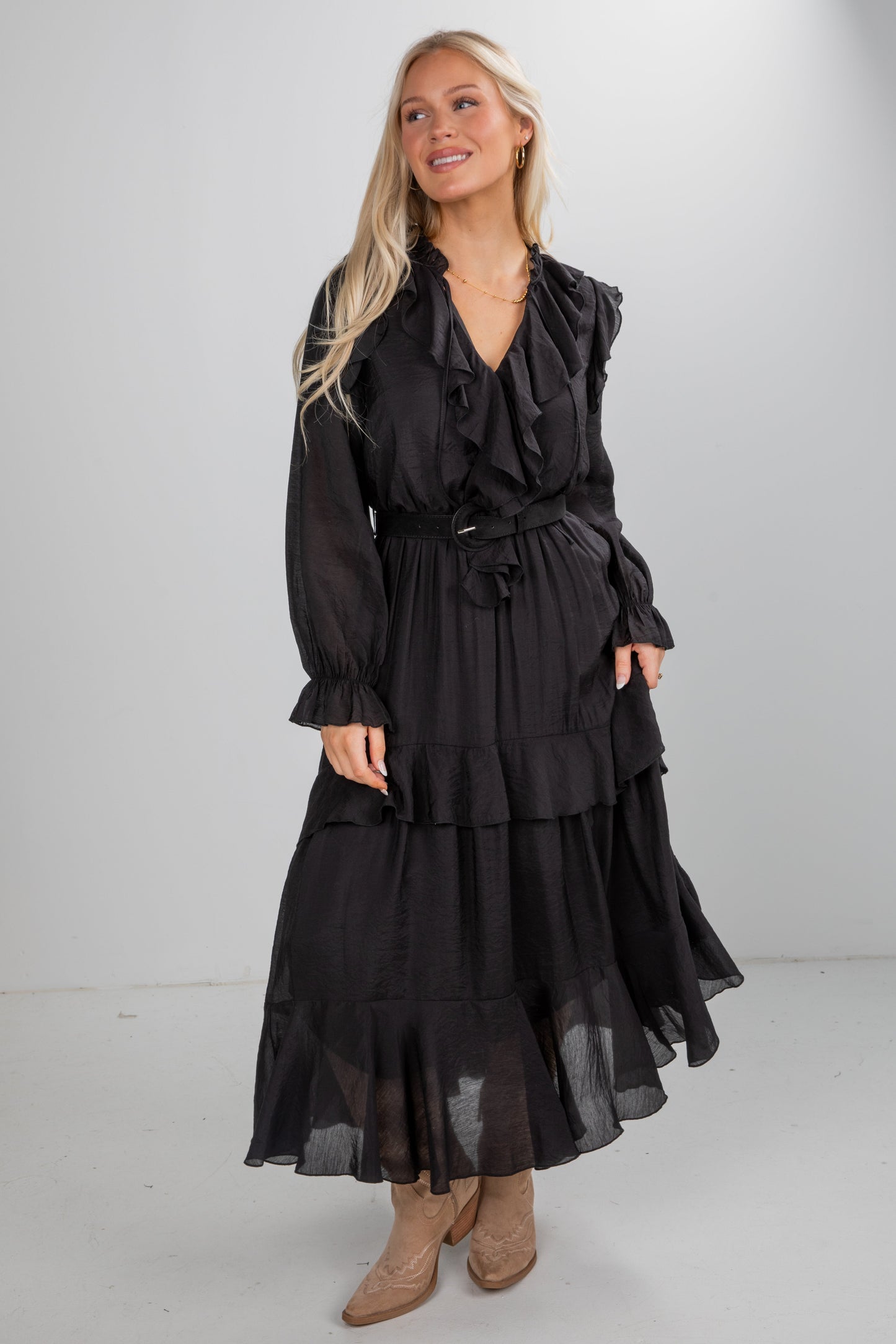 All The Good Black Ruffle Maxi Dress