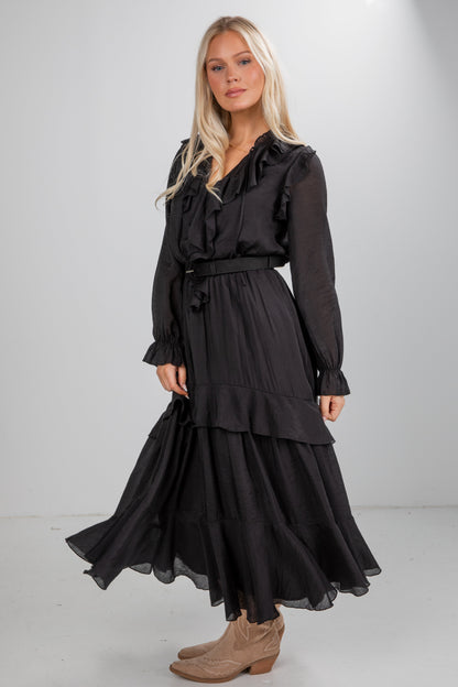 All The Good Black Ruffle Maxi Dress
