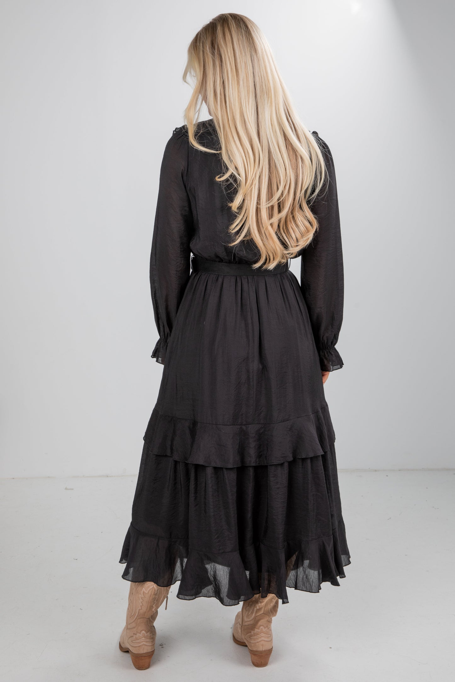 All The Good Black Ruffle Maxi Dress