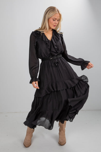 All The Good Black Ruffle Maxi Dress