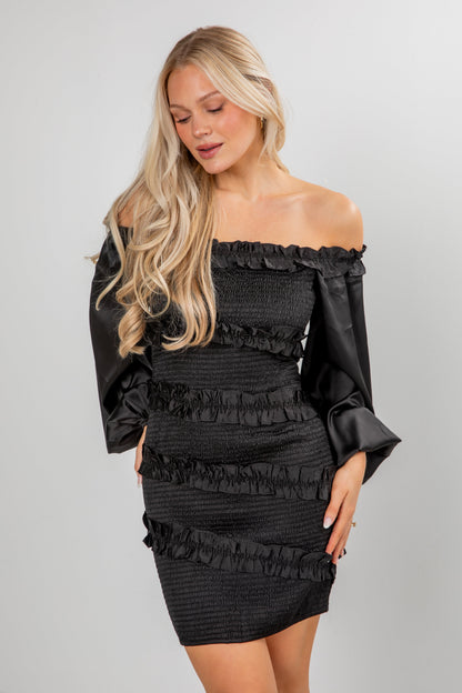 Dramatic Instincts Black Satin Smocked Ruffle Mini Dress