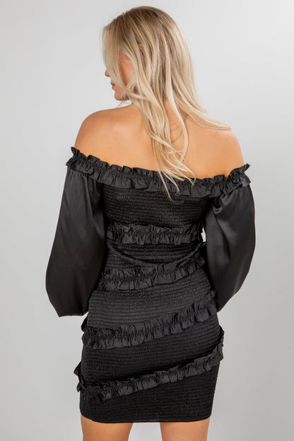 Dramatic Instincts Black Satin Smocked Ruffle Mini Dress