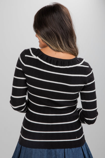 Perfected Comfort Black Striped Knit Top - DU DEAL