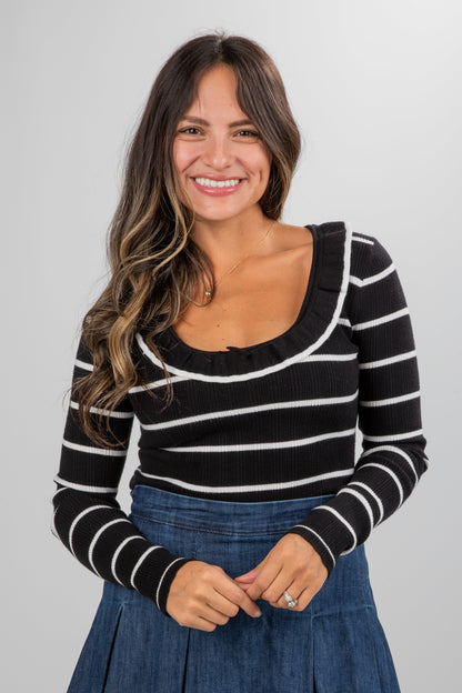 Perfected Comfort Black Striped Knit Top - DU DEAL