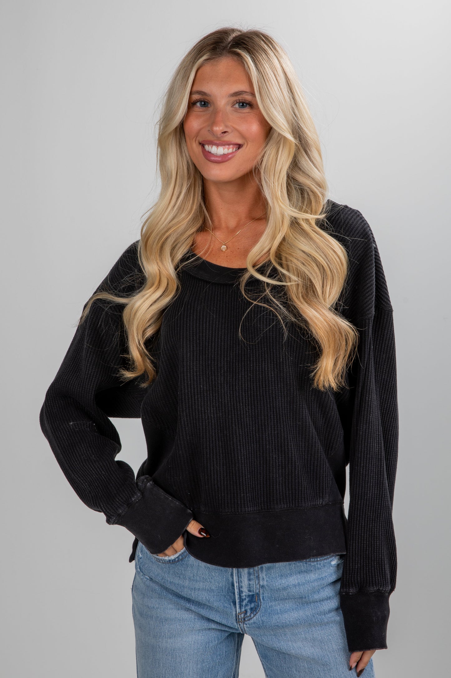 Cozy Forecast Waffle Knit Top - DU DEAL