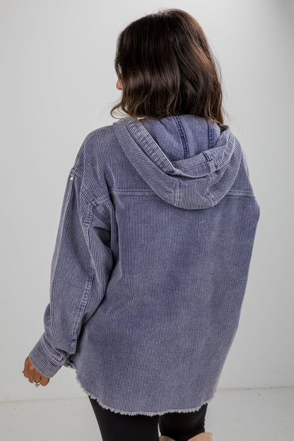 Cooler Than You Blue Corduroy Hooded Shacket - DU DEAL