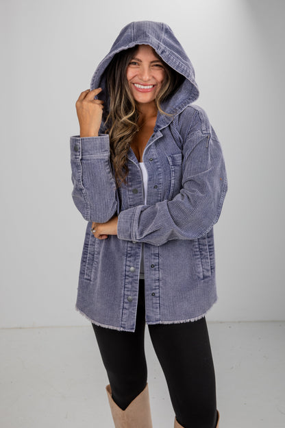 Cooler Than You Blue Corduroy Hooded Shacket - DU DEAL