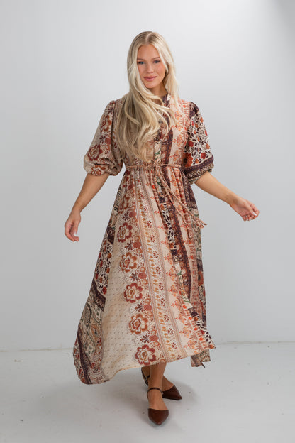 Shine Bright Brown Floral Patchwork Maxi Dress