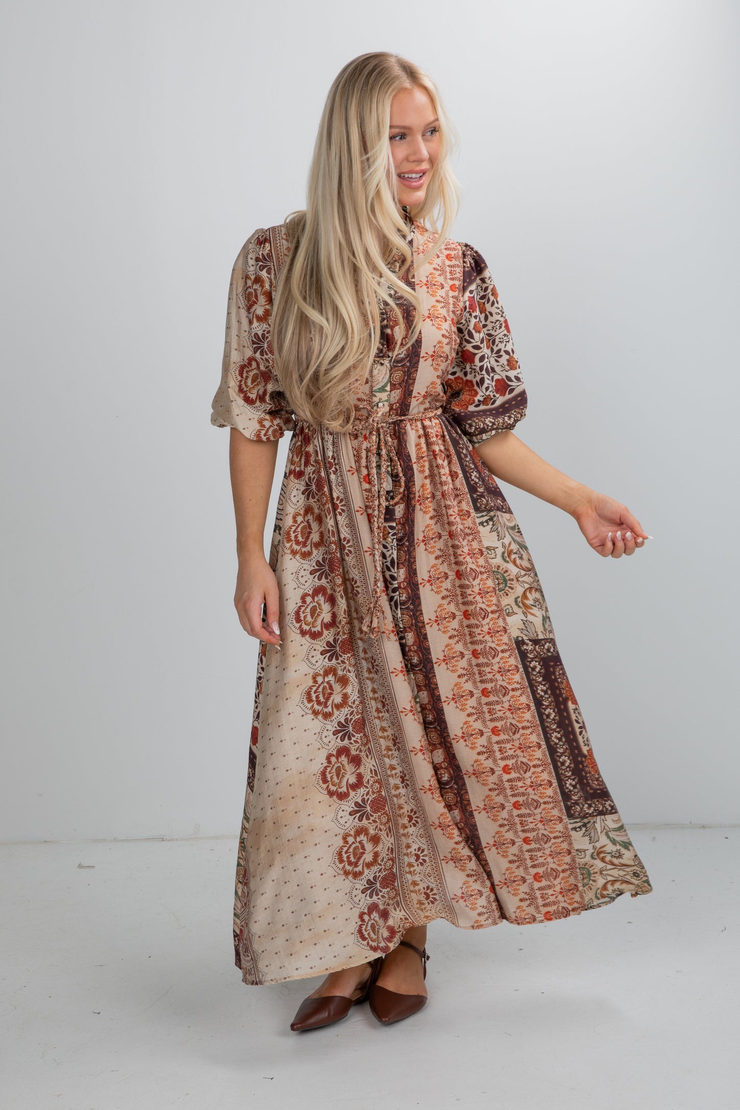 Shine Bright Brown Floral Patchwork Maxi Dress