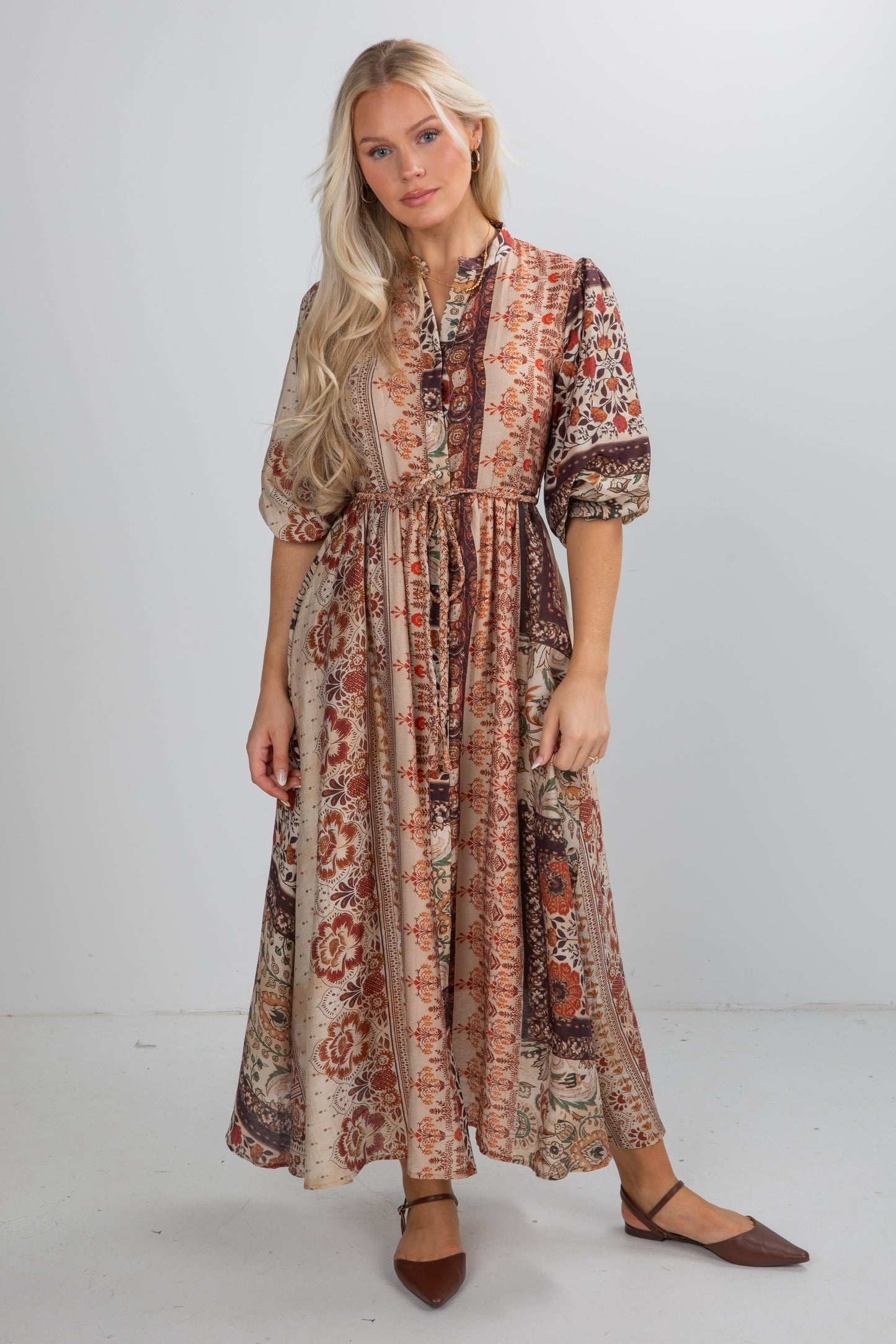 Shine Bright Brown Floral Patchwork Maxi Dress