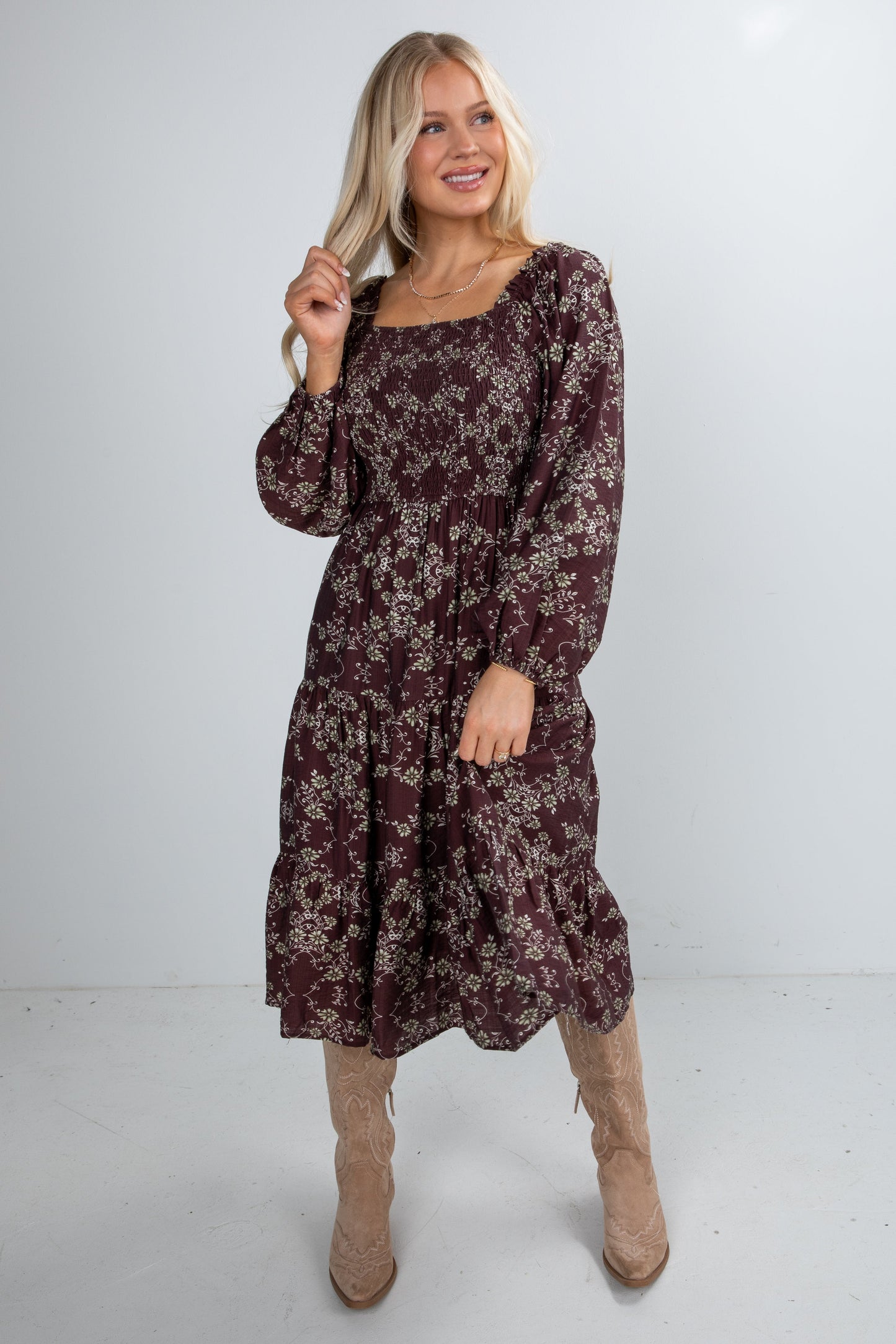 Feeling Inspired Brown Floral Smocked Midi Dress