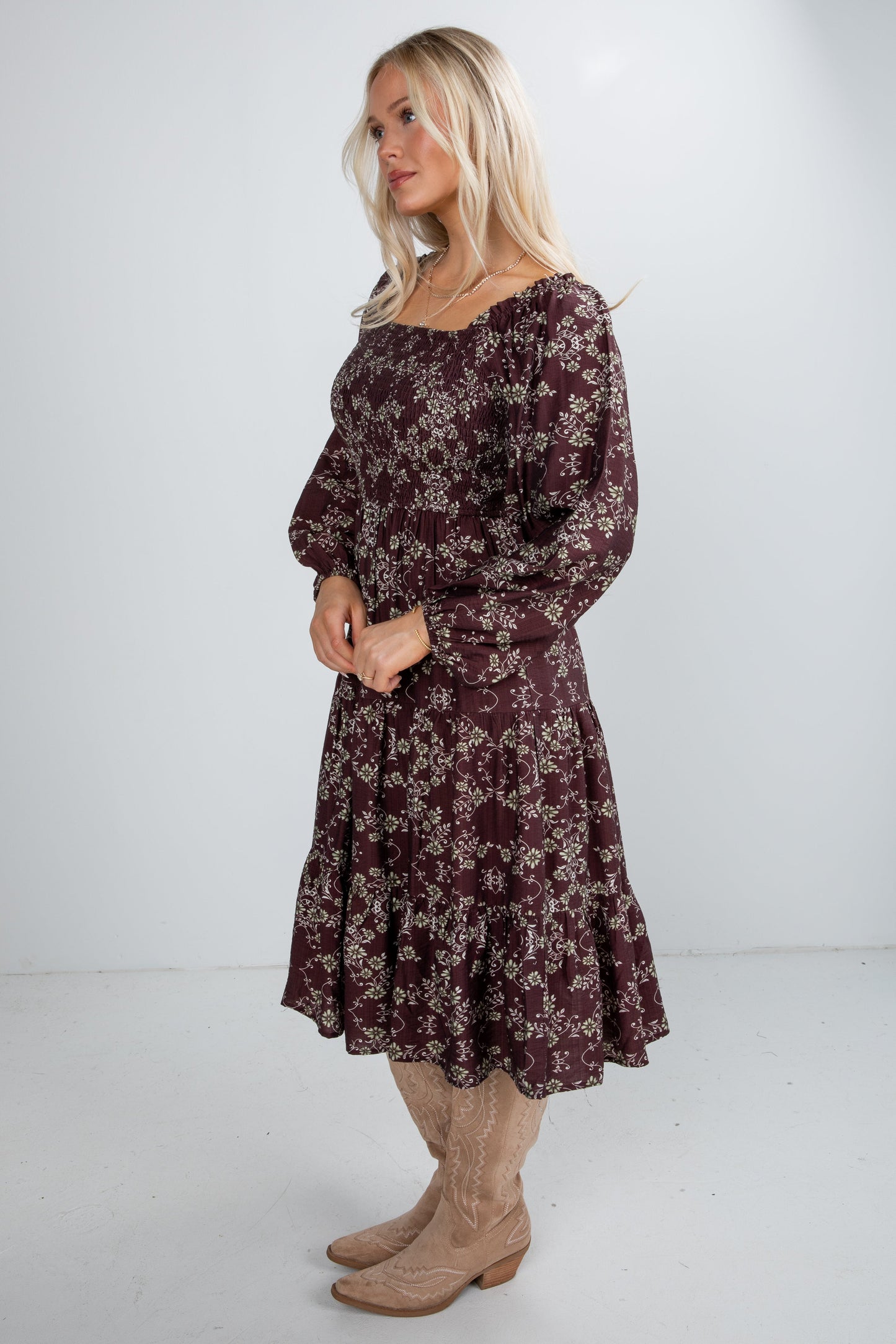 Feeling Inspired Brown Floral Smocked Midi Dress