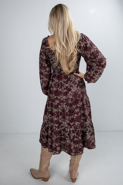 Feeling Inspired Brown Floral Smocked Midi Dress