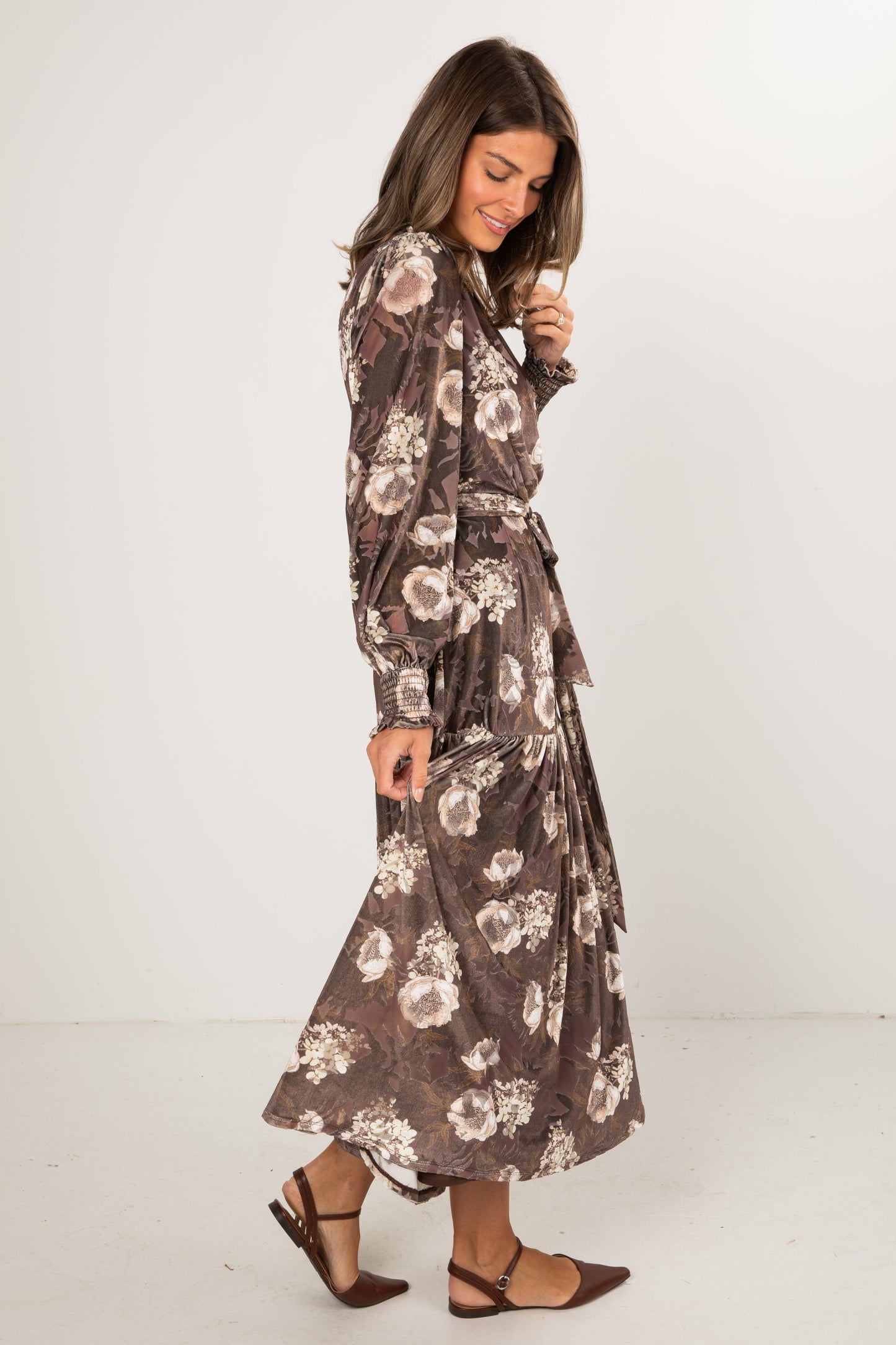 Dreaming Of The Day Brown Floral Velvet Maxi Dress
