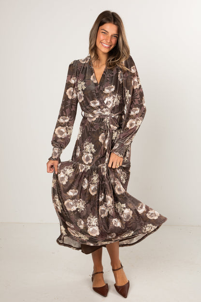 Dreaming Of The Day Brown Floral Velvet Maxi Dress