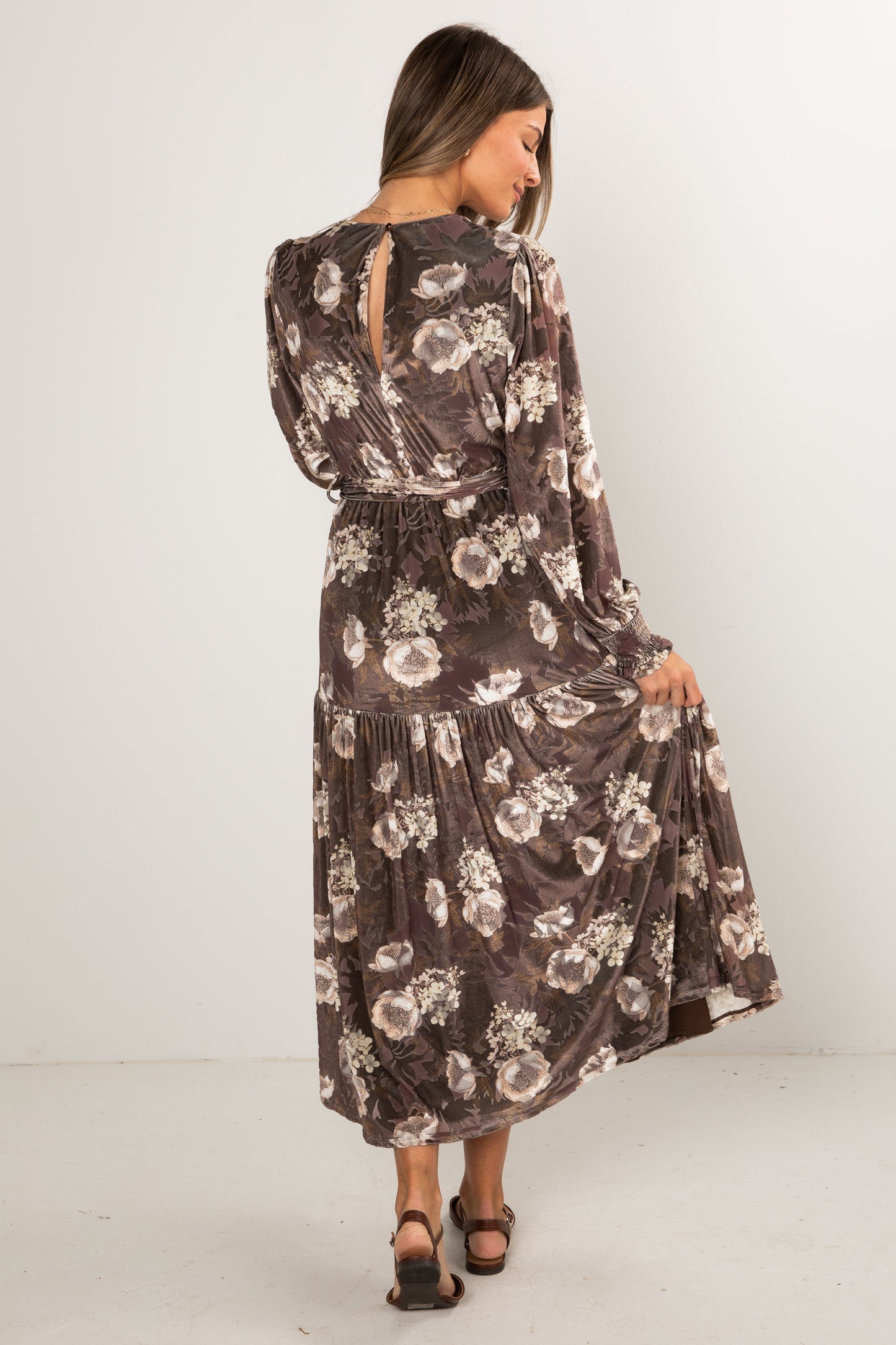 Dreaming Of The Day Brown Floral Velvet Maxi Dress