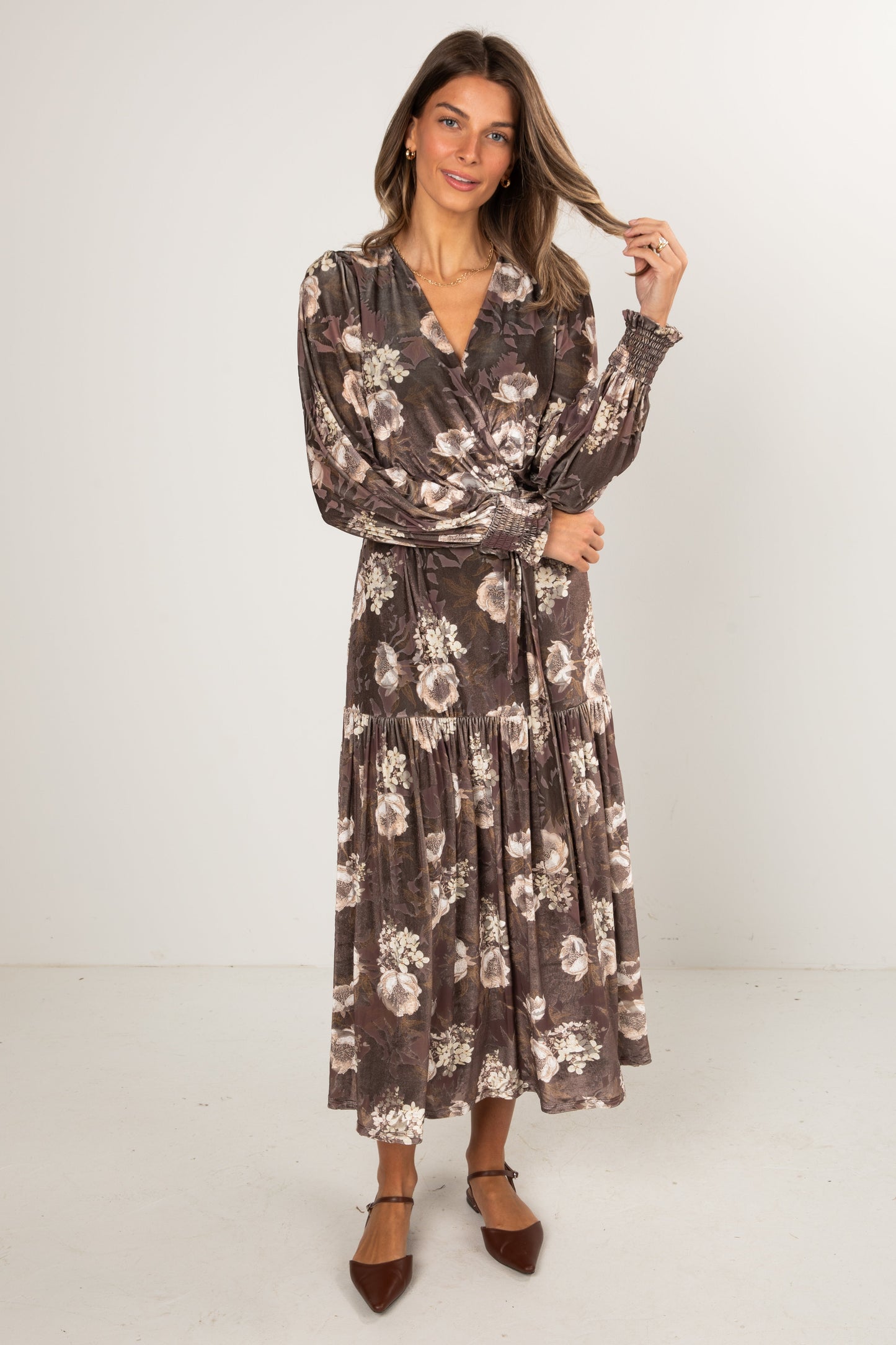 Dreaming Of The Day Brown Floral Velvet Maxi Dress