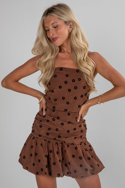 Feeling It Brown Floral Strapless Mini Dress