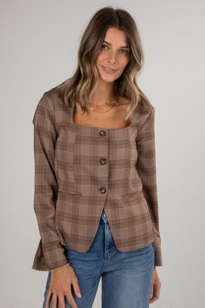 Catch Me Later Brown Plaid Blazer Top