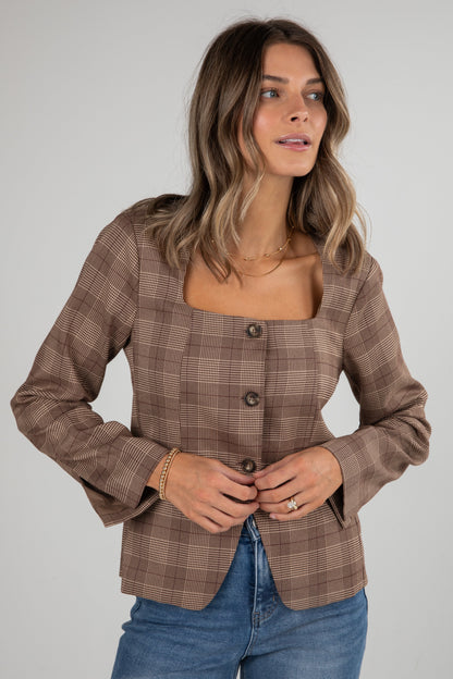 Catch Me Later Brown Plaid Blazer Top
